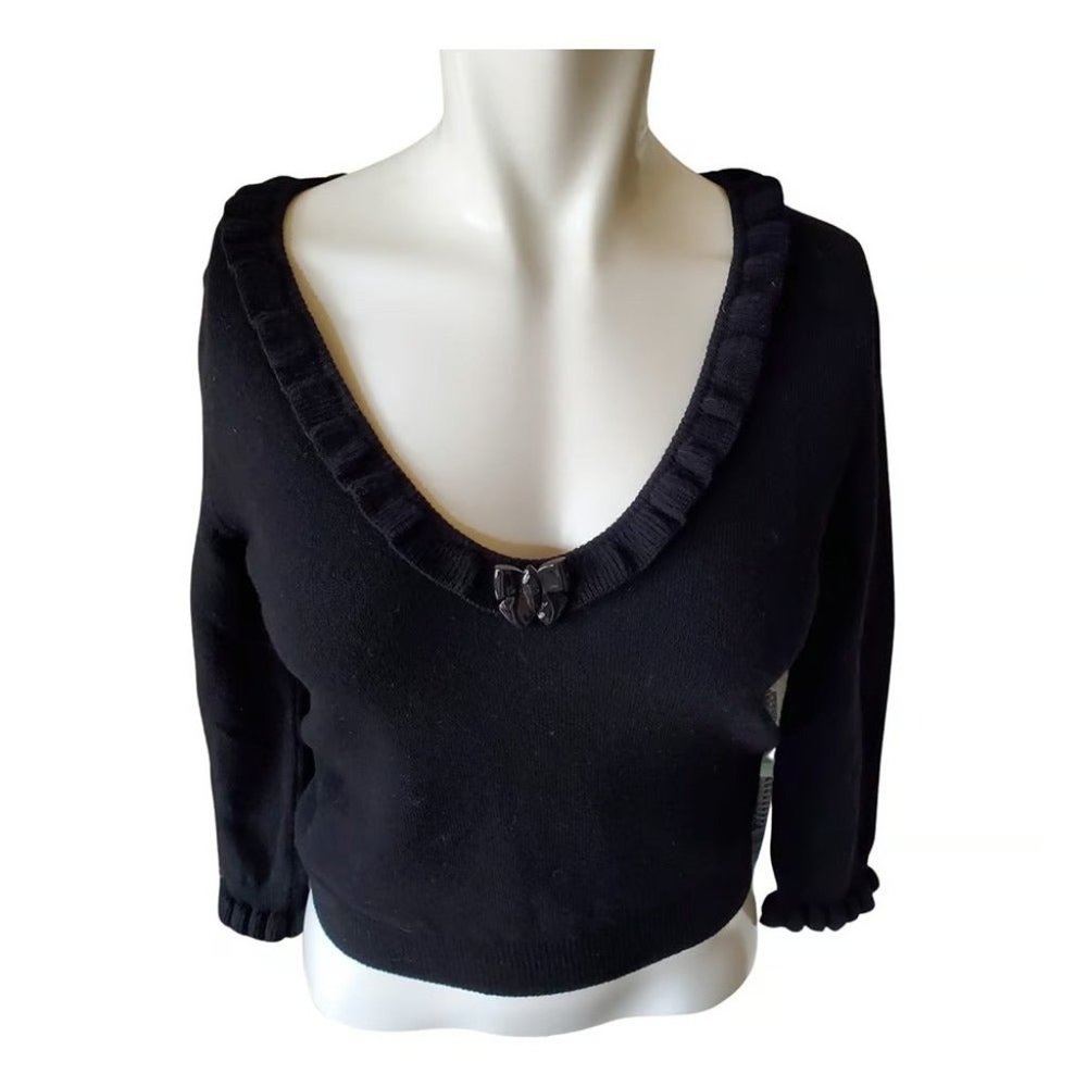 Anna Molinari Black wool Cashmere Ruffle Trim Sweater Sz 42/6 $363 NEW